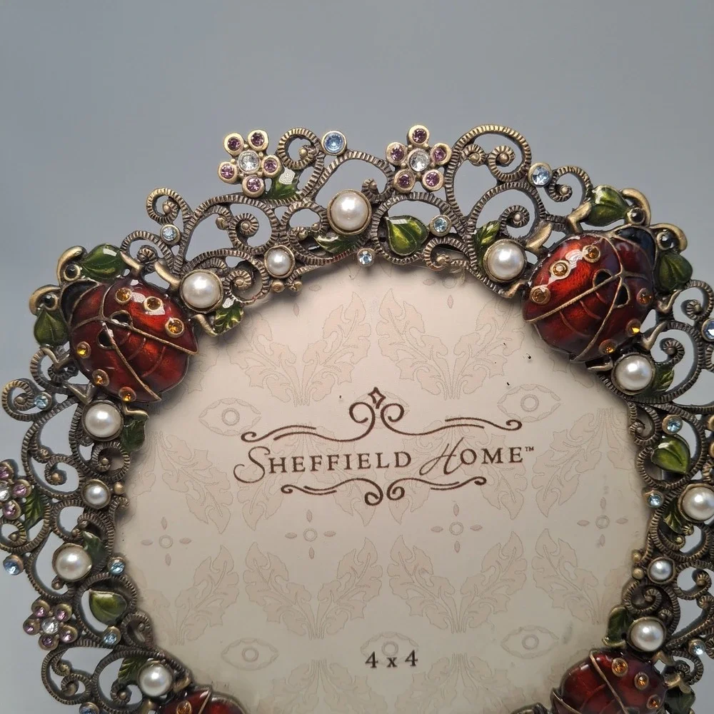 Sheffield Home 4x4 Picture Frame Ladybug Pearl Rhinestone Filigree Bronze Oval